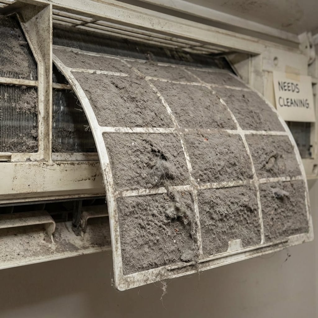 Before: clogged AC filter with visible dust